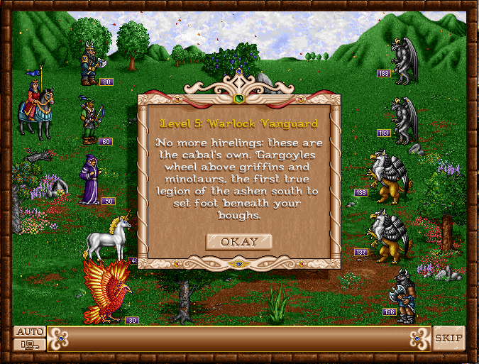 An in-battle story briefing titled 'Level 5: Warlock Vanguard', with a Sorceress army facing gargoyles and griffins