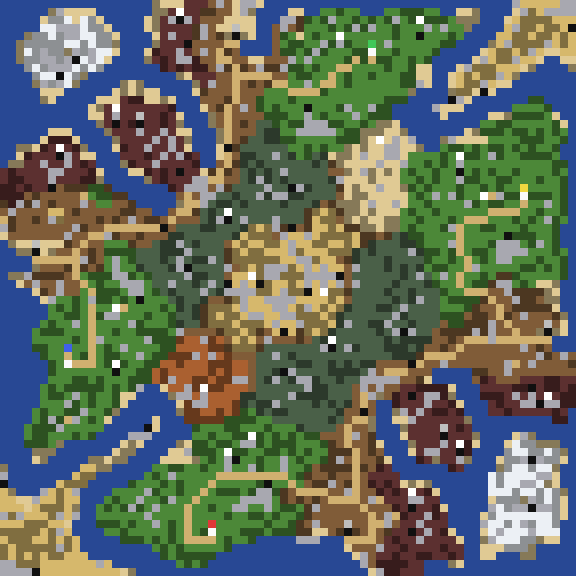 A top-down view of the map Lost Temple: four wooded islands around a central desert, ringed by sea