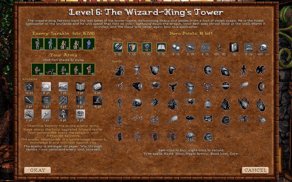 The pre-battle loadout screen showing both armies, hero points, and a grid of skills and spells to buy
